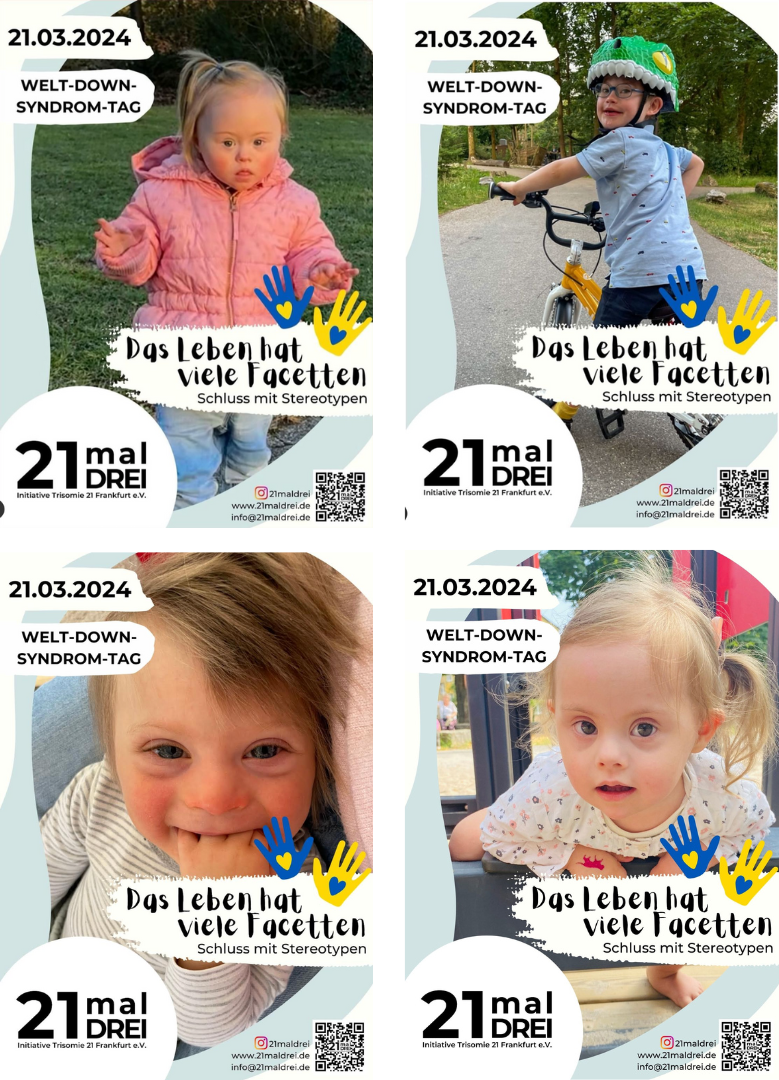 Bild von 4 Postern im Kleinformat von Kindern mit Down-Syndrom zum Welt-Down-Syndrom-Tag