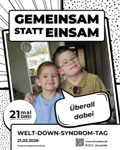 Instagram-Vorlage für den Welt-Down-Syndrom-Tag 2026 mit Slogan und Comic-Blase mit Text.
