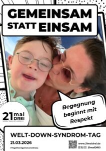 Poster für den Welt-Down-Syndrom-Tag 2026 mit Slogan und Comic-Blase mit Text.