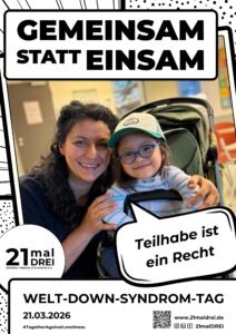 Poster für den Welt-Down-Syndrom-Tag 2026 mit Slogan und Comic-Blase mit Text.