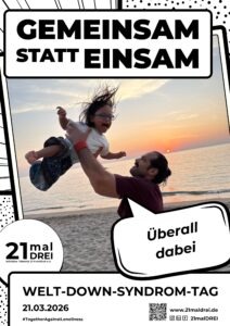 Poster für den Welt-Down-Syndrom-Tag 2026 mit Slogan und Comic-Blase mit Text.