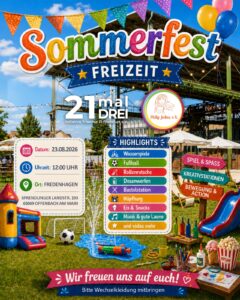 Plakat zum gemeinsamen Sommerfest der Vereine 21malDREI und Philipp Julius für Menschen mit Trisomie 21 und deren Angehörige